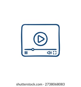 A professional vector illustration of an online course video player featuring medium-bold deep blue strokes and rounded terminals on a white background.