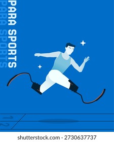 Ilustração vetor profissional de um velocista para atleta com lâminas de corrida protéticas. Esquema dinâmico para esportes adaptativos, aptidão inclusiva e infográficos de conscientização sobre deficiência.
