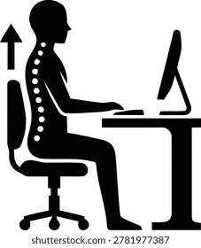 Professional vector illustration of a person sitting with correct posture at a desk to ensure healthy spine alignment while working on a computer