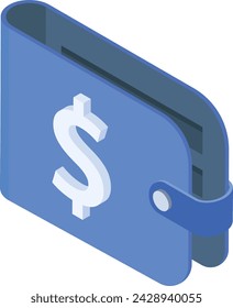 A professional vector illustration of a realistic 3D blue leather wallet with a dollar sign.