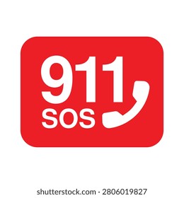 Professional vector illustration of a red Emergency 911 SOS icon featuring a telephone handset and the universal emergency phone number inside a rounded square. Perfect for public safety signage, police and fire departments, emergency medical services, hospitals, first aid guides, mobile applications, and emergency communication materials.