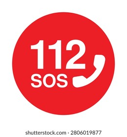 Professional vector illustration of a red Emergency 112 SOS icon featuring a telephone handset and the universal European emergency number. Perfect for emergency response systems, public safety signage, hospitals, first aid guides, rescue services, mobile applications, transportation hubs, and informational graphics.