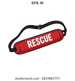 A professional vector illustration of a red rescue tube used by lifeguards for water safety and emergency lifesaving operations featuring a black adjustable strap.