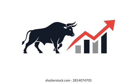A professional vector illustration representing a bullish stock market trend. It features a strong bull silhouette walking alongside an upward-trending bar chart with a red arrow, symbolizing economic growth, financial success, and investment profit.