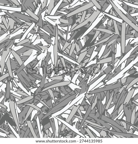 A professional vector illustration of a seamless camouflage pattern featuring gray and white blades of grass designed for marshland and duck hunting concealment.