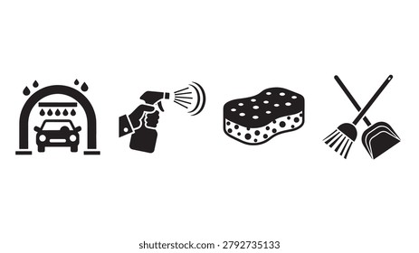 Professional vector illustration set displaying essential car wash and cleaning service icons including an automatic vehicle washing station a hand holding a spray bottle a porous scrubbing sponge and a crossed broom with a dustpan for high quality graphic design projects requiring clear maintenance and sanitation visual elements