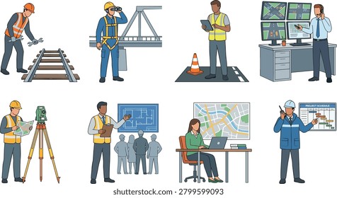 Professional vector illustration set featuring civil engineers, surveyors, transportation planners, infrastructure inspectors, project managers, and construction supervisors. Ideal for engineering firms, urban development projects, transportation systems, infrastructure planning, and construction management materials.