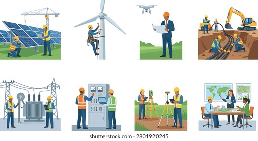 Professional vector illustration set featuring renewable energy technicians, surveyors, engineers, utility workers, construction specialists, and project planners. Ideal for clean energy projects, infrastructure development, power systems, engineering services, and sustainable technology presentations.