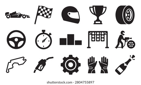 Professional vector illustration set featuring various motor racing icons including a fast formula car a checkered flag a racing helmet a trophy a tire a steering wheel a stopwatch a podium a start light sequence a pit crew member a race track circuit and champagne bottle celebration
