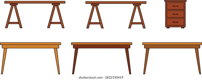 A professional vector illustration set featuring wooden trestle tables classic dining desks and a matching chest of drawers.eps
