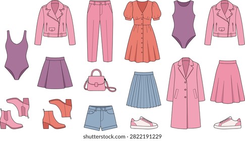 A professional vector illustration set featuring stylish women seasonal clothing fashion apparel accessories outfits and footwear elements.eps
