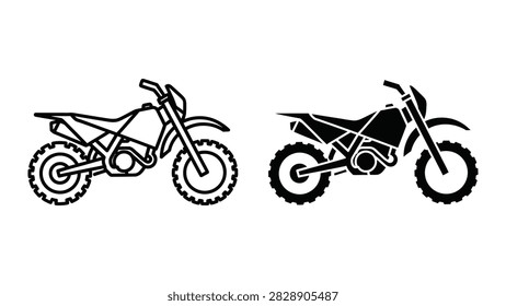 Professional vector illustration set featuring motocross motorcycles in both clean outline and bold solid black styles. These high-quality icons are perfect for sports branding adventure travel designs or extreme sports applications.