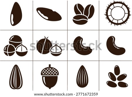 Professional vector illustration set featuring various nut and seed icons designed with a clean minimalist silhouette style. These graphic elements are perfect for culinary websites, health food packaging, organic product branding, agricultural projects, restaurant menus, and educational materials regarding plant based nutrition and diet.