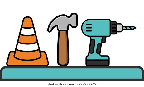 Ein professionelles Vektorgrafik-Set, das sich auf Konstruktion und Heimwerkerreparatur konzentriert. Das Layout verfügt über einen orangefarbenen Verkehrssicherheitskegel, einen klassischen Klauenhammer und eine schnurlose Bohrmaschine. Dieses saubere, flache Design eignet sich für Hardware-Store-Branding, Renovierungs-Visitenkarten, Bau-Sicherheitshandbücher und Handyman-Service-Apps.