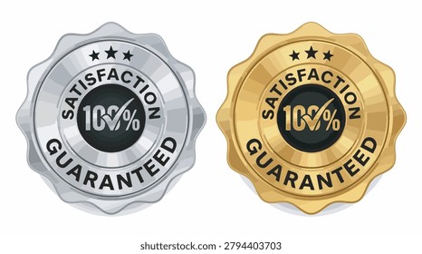 Professional vector illustration of shiny silver and gold metallic badges featuring a hundred percent satisfaction guaranteed text and star icons