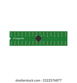 Una ilustración vectorial profesional que muestra el microcontrolador ATMEGA168, con 32 pines, arquitectura de 8 bits y memoria flash de 16 kK, que sirve como un recurso valioso para diseñadores gráficos