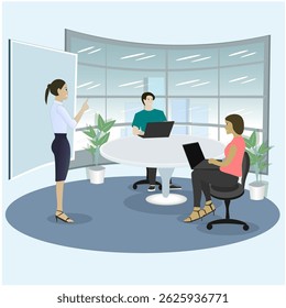 A professional vector illustration showing three office employees in a business meeting inside a modern conference room. The scene represents teamwork, collaboration, and workplace communication. Usef