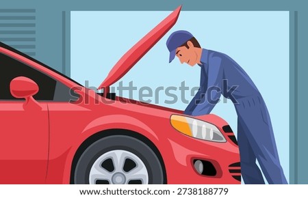 Professional vector illustration of a skilled car mechanic repairing a vehicle inside a fully equipped workshop environment. The design captures the essence of the automotive maintenance and repair industry, showcasing detailed tools, mechanical components, and a service bay setting that reflects technical expertise and hands-on craftsmanship. Clean lines, balanced composition, and modern styling make this artwork suitable for a wide range of commercial and editorial applications.

Perfect for automotive service promotions, garage branding, repair shop advertisements, and marketing campaigns focused on vehicle care. The illustration works well in brochures, flyers, posters, website banners, social media graphics, training manuals, and educational presentations related to mechanical services and transportation technology. It visually communicates professionalism, reliability, technical knowledge, and customer trust.

This scalable vector format ensures high resolution quality for both print and digital media, making it ideal for signage, business cards, uniforms, packaging inserts, and online platforms. Suitable for auto repair centers, car dealerships, vocational institutes, and technical workshops seeking engaging visual content. The scene highlights routine inspections, diagnostics, engine servicing, and overall vehicle maintenance, delivering a clear representation of the hardworking automotive industry and modern mechanical solutions.
