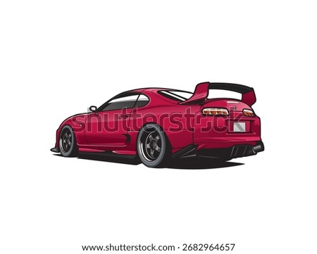 A professional vector illustration of the Toyota Supra MK4 (A80) in bold red, shown from the rear three-quarter perspective. This legendary Japanese sports car features the iconic round taillights