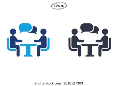 A professional vector illustration of two individuals engaged in a conversation at a desk representing communication and collaboration in a workplace setting