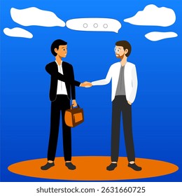 Professional vector illustration of two to three business people having a conversation, suitable for presentations, websites, marketing materials, or HR and communication topics. The characters are dr