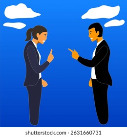 Professional vector illustration of two to three business people having a conversation, suitable for presentations, websites, marketing materials, or HR and communication topics. The characters are dr