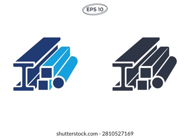 A professional vector illustration of various metal profiles including I beams round pipes and square steel bars for construction and industrial engineering projects