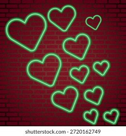 Professional vector illustration with vibrant green neon hearts on dark red brick wall background. This industrial style romantic design includes subtle spotlight effect, perfect for Valentine's Day, club flyers, and modern urban decor