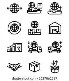 A professional vector line icon set representing logistics, global shipping, supply chain management, and warehouse operations.