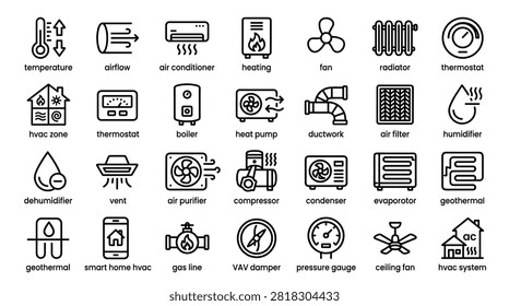 Professional vector line icons for heating ventilation and air conditioning systems. Set includes geothermal units vave dampers pressure gauges and condenser parts. High quality outline graphics for technical documentation cooling maintenance and smart climate control apps.
