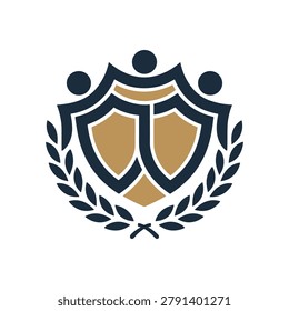 A professional vector logo design featuring a shield emblem combined with stylized human figures and a laurel wreath, symbolizing unity, protection, and success.