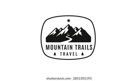 Professional vector logo design for a mountain trails travel agency, featuring majestic peaks, a winding path, and a star in a vintage badge style. Ideal for outdoor adventure brands and tourism businesses.