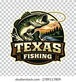 A professional vector logo design for Texas fishing, featuring a largemouth bass jumping out of a scenic lake with a forest background and sunset.