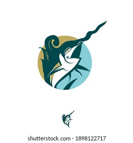 A professional vector mascot logo featuring a stylized Swordfish or Marlin concept in a traditional Javanese-inspired aesthetic. The design showcases a sharp-billed fish leaping through dynamic ocean waves, contained within a circular tan and teal frame. Utilizing an elegant teal, gold, and light blue color palette with flowing, organic lines, this sophisticated mark is ideal for luxury seafood brands, sport fishing charters, ocean conservation groups, and premium coastal resort identities.