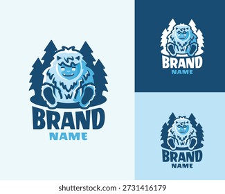 Professional vector mascot logo featuring a friendly blue Little Yeti sitting in front of a pine forest. This minimalist and bold illustration uses a clean blue and white color palette, making it perfect for winter sports, outdoor adventure brands, mountain resorts, kids' apparel, or creative studio identities.