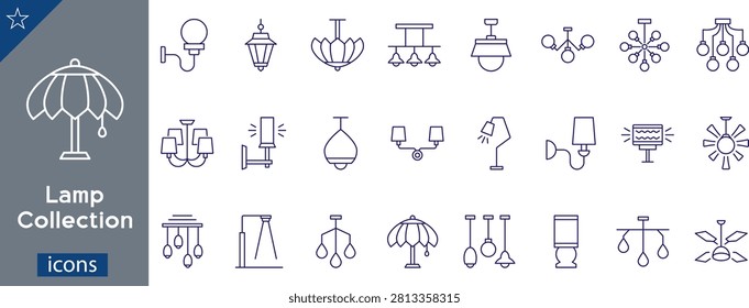 A professional vector outline icons set presenting a diverse collection of modern home lighting fixtures, ceiling chandeliers, and interior illumination sources. This minimalist dark blue and white graphic sheet displays styled linear symbols ideal for interior design applications, architecture agencies, and e-commerce lighting store catalogs. The grid layout features multiple lighting designs—including classic wall sconces, hanging pendant lamps, multi-bulb ceiling chandeliers, table reading stands, bedside lamps, directional spot lights, vintage lanterns, and integrated ceiling fan lights. Excellent vector collection for real estate mobile application interfaces, decorative furniture website navigation, architectural floor plan legends, and domestic hardware product manuals.