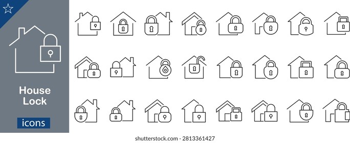 A professional vector outline icons set presenting a comprehensive collection of house lock variations, real estate protection systems, and domestic security symbols. This minimalist dark gray and white graphic template displays a series of styled linear layouts combining simple residential property silhouettes with various defensive padlocks. The diverse array features secure locked configurations alongside open unlocking mechanisms, keyhole variations, rounded locks, and modern smart system emblems. Excellent graphic kit for corporate lock-smith service landing pages, digital home automation app interfaces, neighborhood safety campaign materials, real estate agency website menus, and smart-home security manual guides.