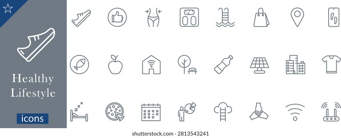 A professional vector outline icons set presenting a comprehensive collection of modern healthy lifestyle habits, fitness tracking elements, and daily wellness routines. Designed with a clean minimalist dark grey and white line art palette, this structured grid graphic displays essential lifestyle symbols including a running shoe sneaker, a thumbs-up approval circle, slim waist body metrics, a bathroom weight scale, a swimming pool ladder, a paper shopping bag, a map pin location tracker, and a mobile step counter. Additional linear graphics feature organic fish protein, a whole apple fruit, a smart home Wi-Fi automation hub, a green park bench under a tree, a reusable water bottle, solar panels, city apartment buildings, a sportswear t-shirt, a sleeping cycle bed, a portioned pizza pie chart, an organizing schedule calendar, a corporate presentation slide with a pie chart, a ladder extending into cloud storage, unified team hands joined together, a wireless internet signal, and a networking modem router. Ideal for wellness application interfaces, nutrition blogging websites, gym navigation menus, and corporate health program presentation layouts.
