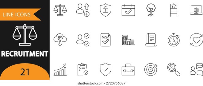 Um vetor profissional de 21 ícones de linha de recrutamento com contratação, seleção de candidatos, gerenciamento de RH, avaliação e símbolos de integração. Ideal para apresentações de RH, infográficos de recrutamento, relatórios corporativos e painéis de gerenciamento de talentos.
