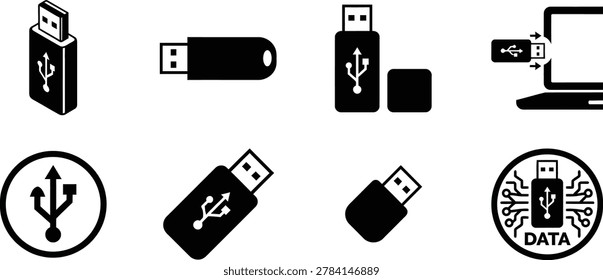 Professional vector set of 8 USB flash drive icons for IT companies data storage services tech support and hardware branding. USB data transfer portable storage and digital backup concept for software companies cloud services IT departments and tech education. Collection includes outline USB, solid USB, horizontal stick, isometric 3D view, detailed connectodocumentation