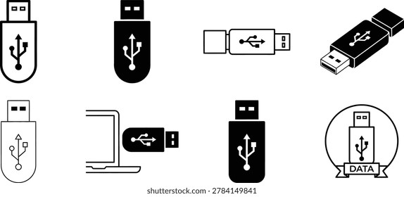 Professional vector set of 8 USB flash drive icons for IT companies data storage services tech support and hardware branding. USB data transfer portable storage and digital backup concept for software companies cloud services IT departments and tech education. Collection includes outline USB, solid USB, horizontal stick, isometric 3D view, detailed connecto