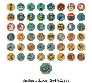 Um vetor profissional de ícones automotivos, incluindo peças de carro, diagnósticos, engrenagens, ferramentas, combustível e símbolos de manutenção. Perfeito para autoatendimento, mecânica ou interfaces de painel de controle.