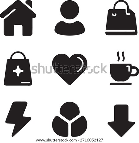 A professional vector set of black home and business web icons featuring house symbols, search buttons, and heart illustrations for modern internet design