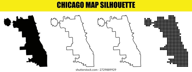 Conjunto vetor profissional de mapas da cidade de Chicago com vários estilos gráficos de preenchimentos sólidos minimalistas a padrões modernos de pontos para diversos projetos de design e layouts geográficos