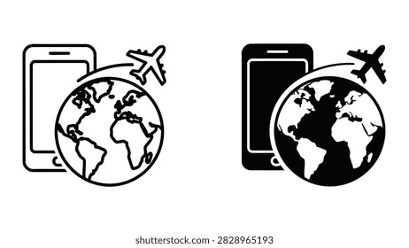 A professional vector set depicting a mobile smartphone combined with a globe and airplane icon representing global travel international roaming or mobile navigation apps. Provided in both outline and solid black styles.