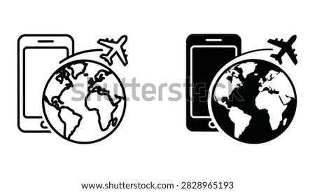 A professional vector set depicting a mobile smartphone combined with a globe and airplane icon representing global travel international roaming or mobile navigation apps. Provided in both outline and solid black styles.