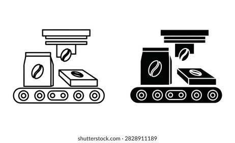 A professional vector set featuring coffee production line icons in both line art and solid fill styles. The design showcases a conveyor belt transporting coffee bags and beans perfect for manufacturing food industry and logistics concepts.