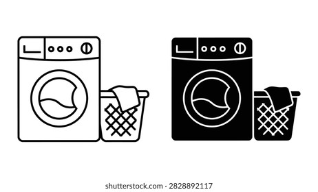 A professional vector set featuring a modern washing machine alongside a full laundry basket. This graphic is perfect for household chore apps laundry service branding and cleaning-themed web elements provided in line and solid styles.