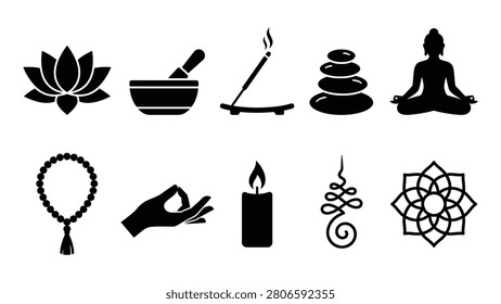 Professional vector set of flat icons representing eastern spirituality and wellness. Collection features buddha figure lotus flower mudra hand gesture prayer beads and zen stones. Minimalist black shapes for yoga studio branding and holistic medicine marketing materials.