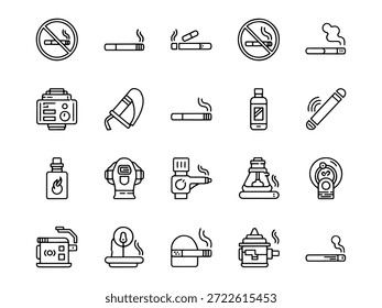 Profesional Vector conjunto de signos de no fumar, cigarrillos electrónicos e íconos relacionados con el tabaco. Arte lineal minimalista para el diseño de señalización de salud pública y seguridad.